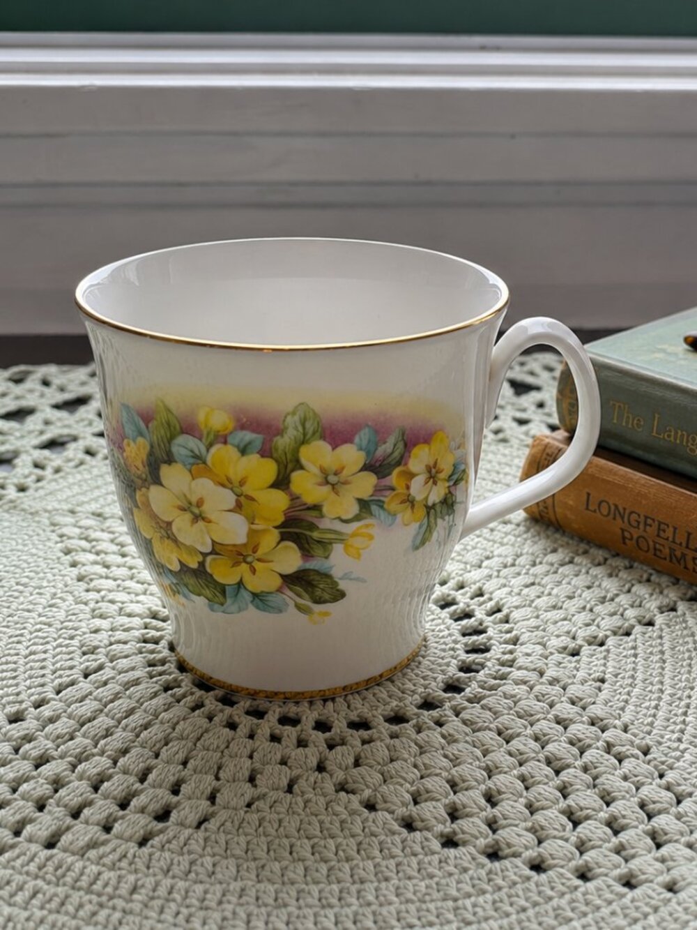 Vintage Royal Albert Yellow Primrose Floral Bone China Mug England Gold Trim